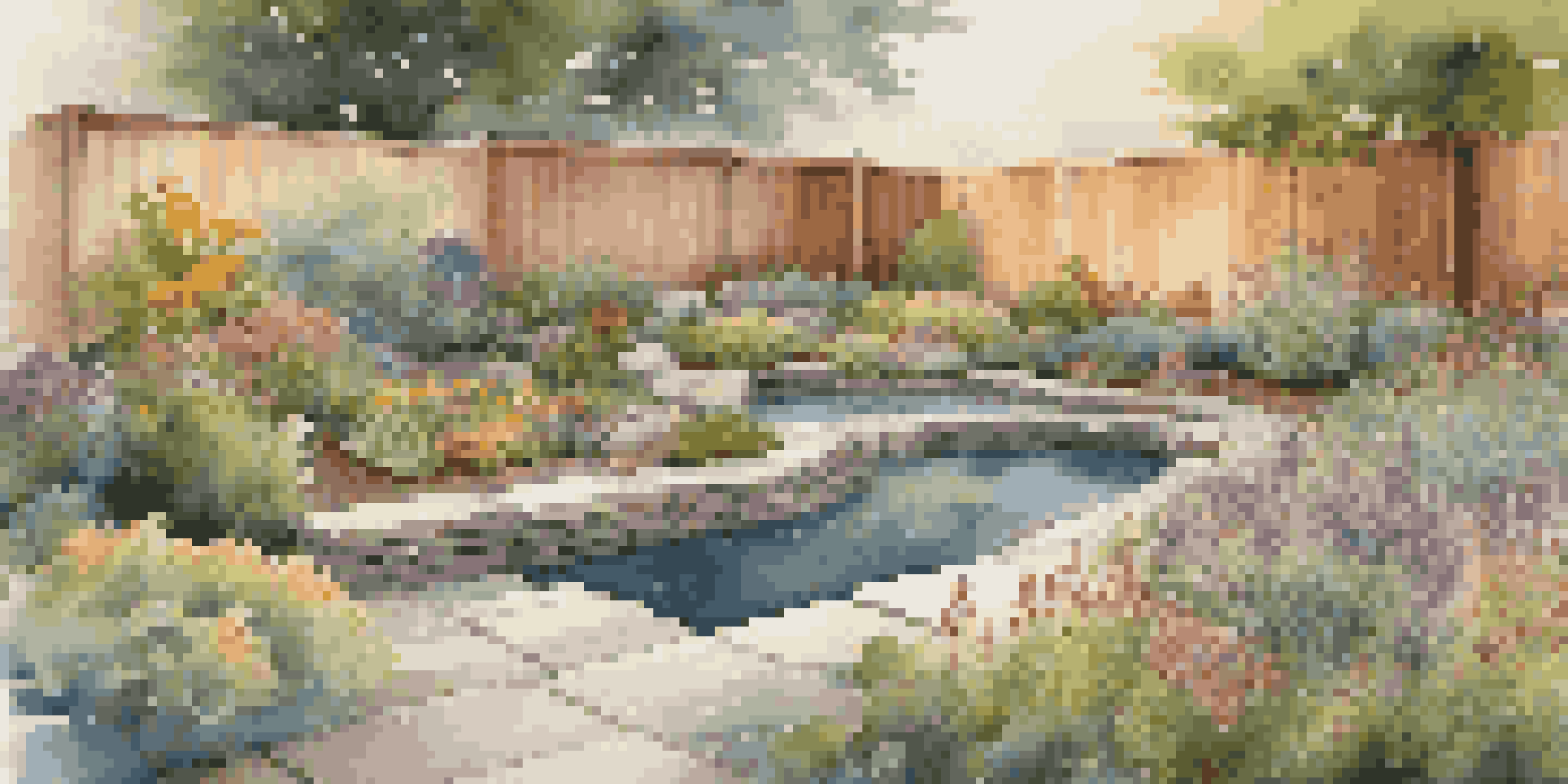 A vibrant garden filled with native plants, a small pond, and a shaded seating area with a wooden bench, illuminated by soft lights at sunset.