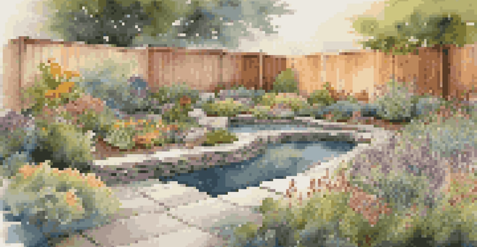 A vibrant garden filled with native plants, a small pond, and a shaded seating area with a wooden bench, illuminated by soft lights at sunset.