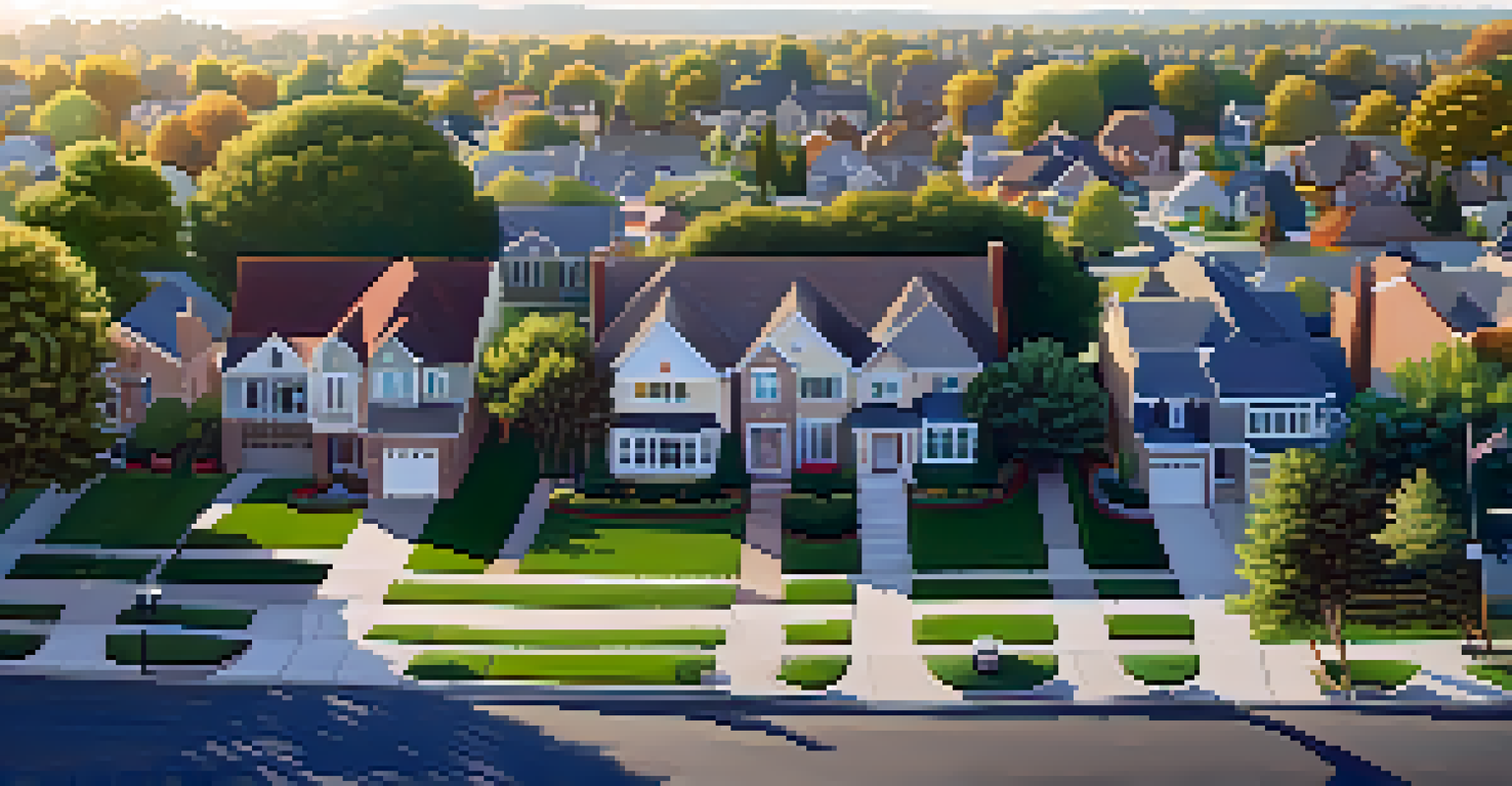An aerial view of a suburban neighborhood with diverse homes and well-maintained lawns.
