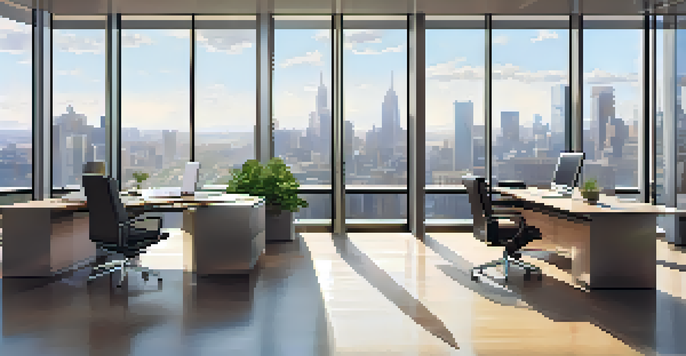 A modern office negotiation scene with two professionals at a glass table, city skyline in the background, and a warm atmosphere.