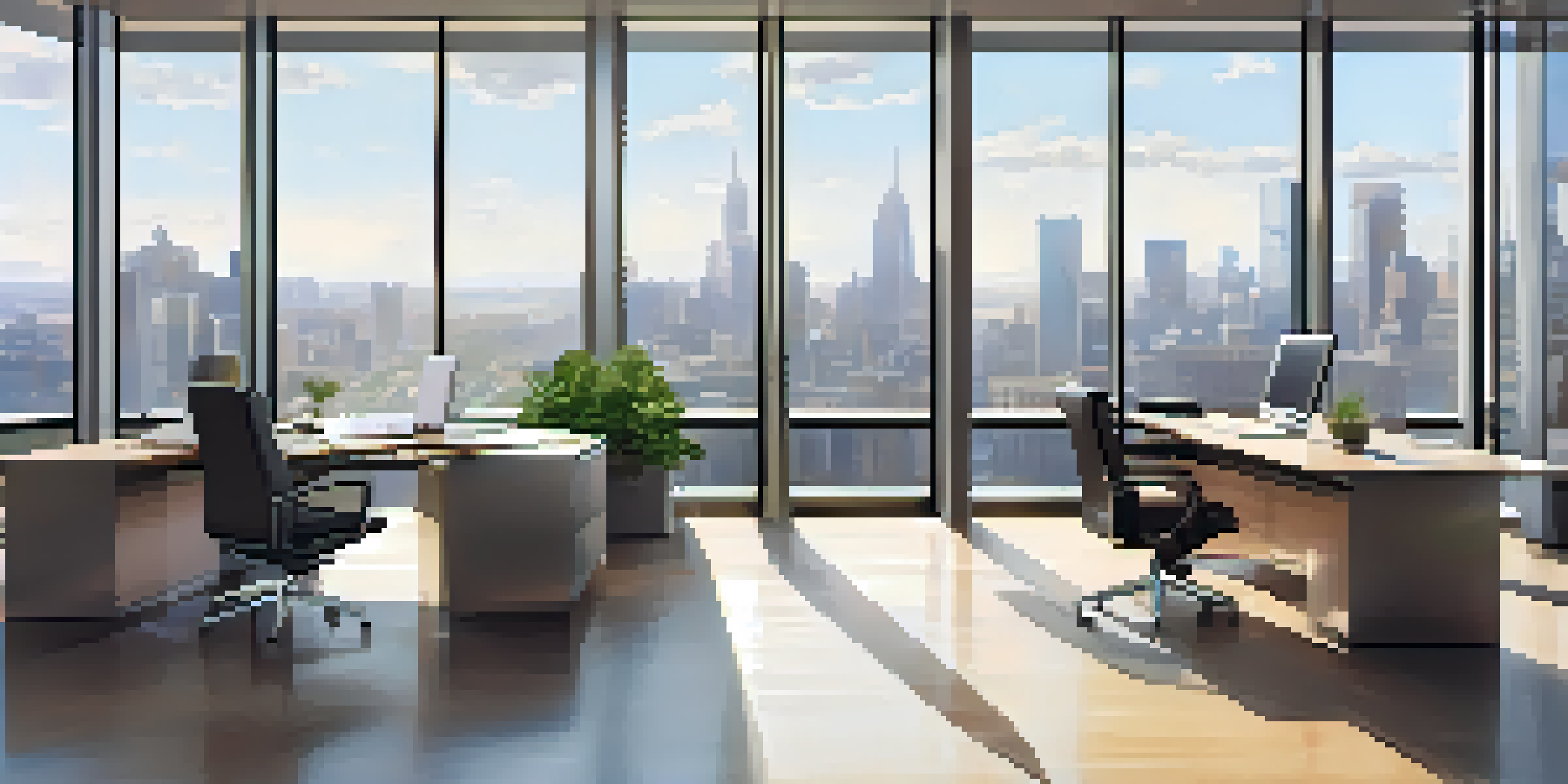 A modern office negotiation scene with two professionals at a glass table, city skyline in the background, and a warm atmosphere.