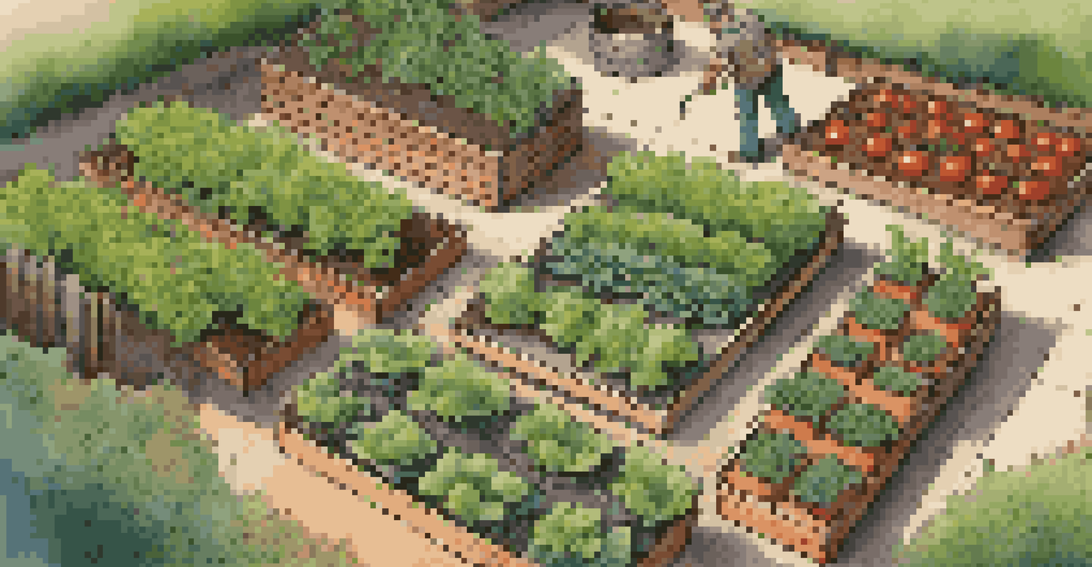 An overhead view of a vegetable garden with raised beds filled with various plants, a gardener tending to the soil, and a drip irrigation system visible.