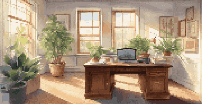 A well-organized office space featuring a wooden desk with property management documents and a laptop, illuminated by natural sunlight.