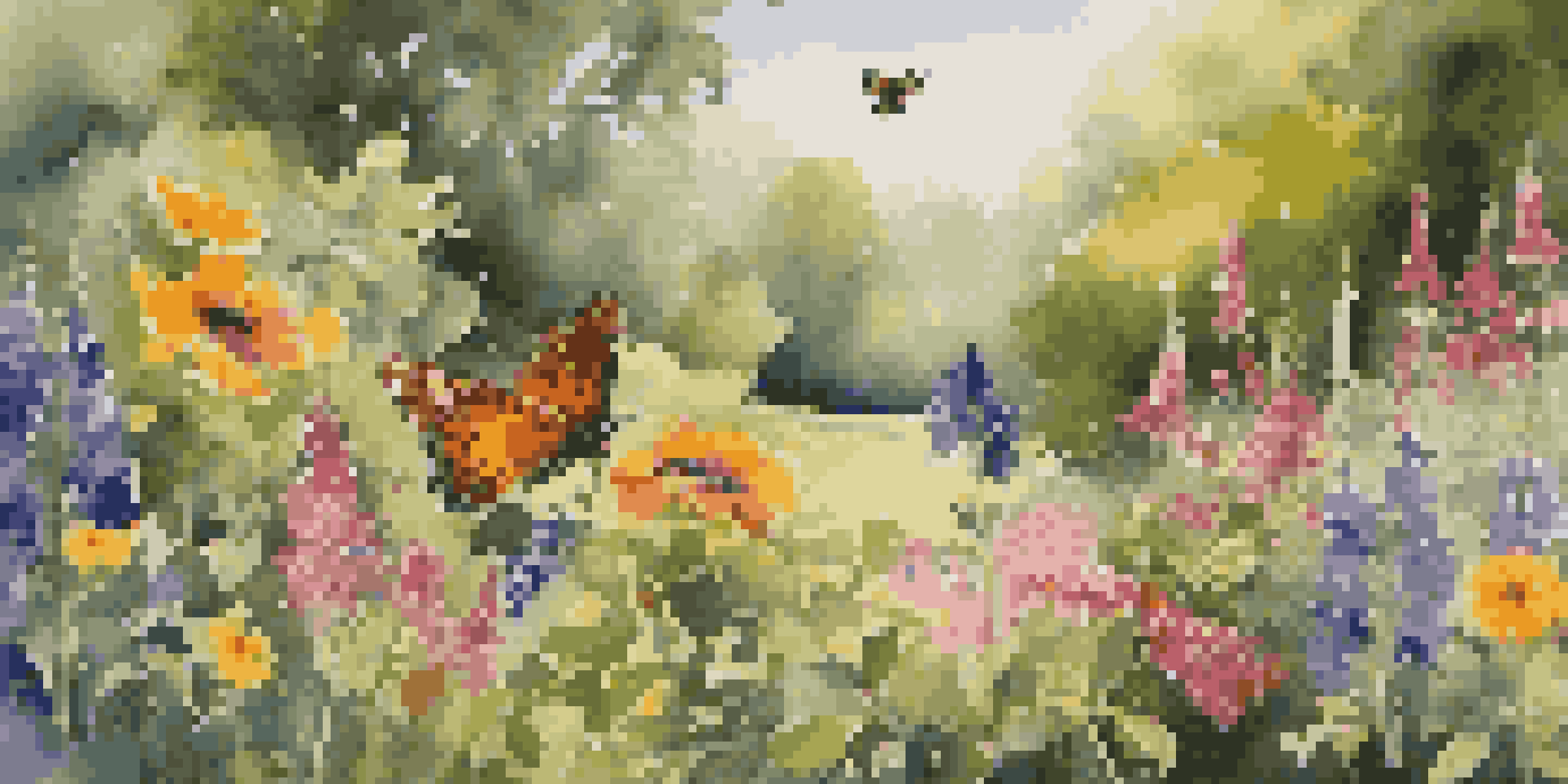 A colorful garden with various native wildflowers attracting pollinators like bees and butterflies, illuminated by sunlight.