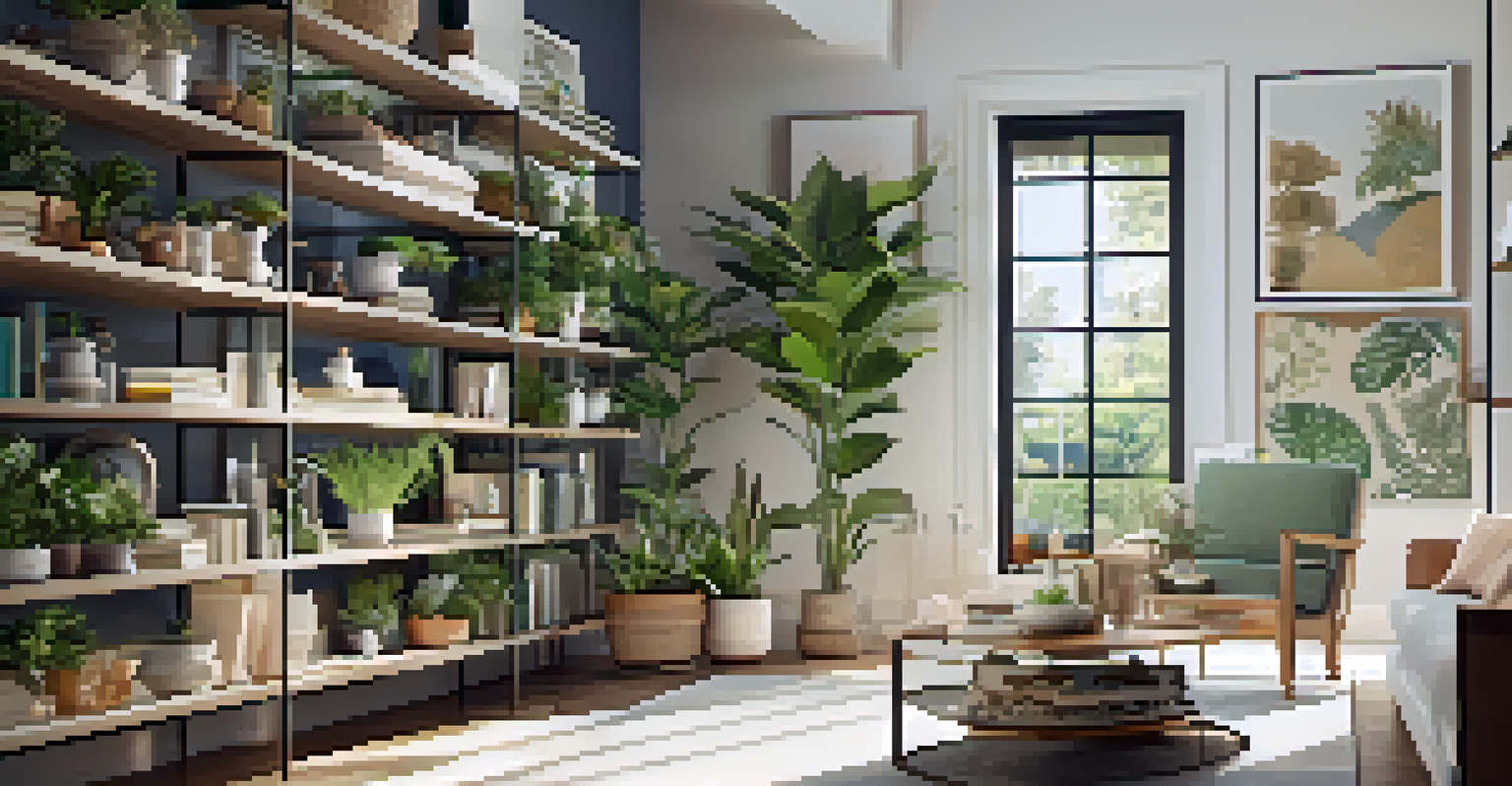 A room with open shelving decorated with plants and books, illuminated by natural light, creating a harmonious ambiance.