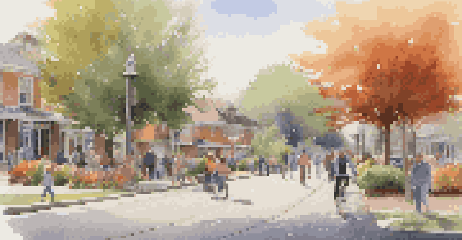 Families and young professionals walking or biking to a train station on a picturesque street.