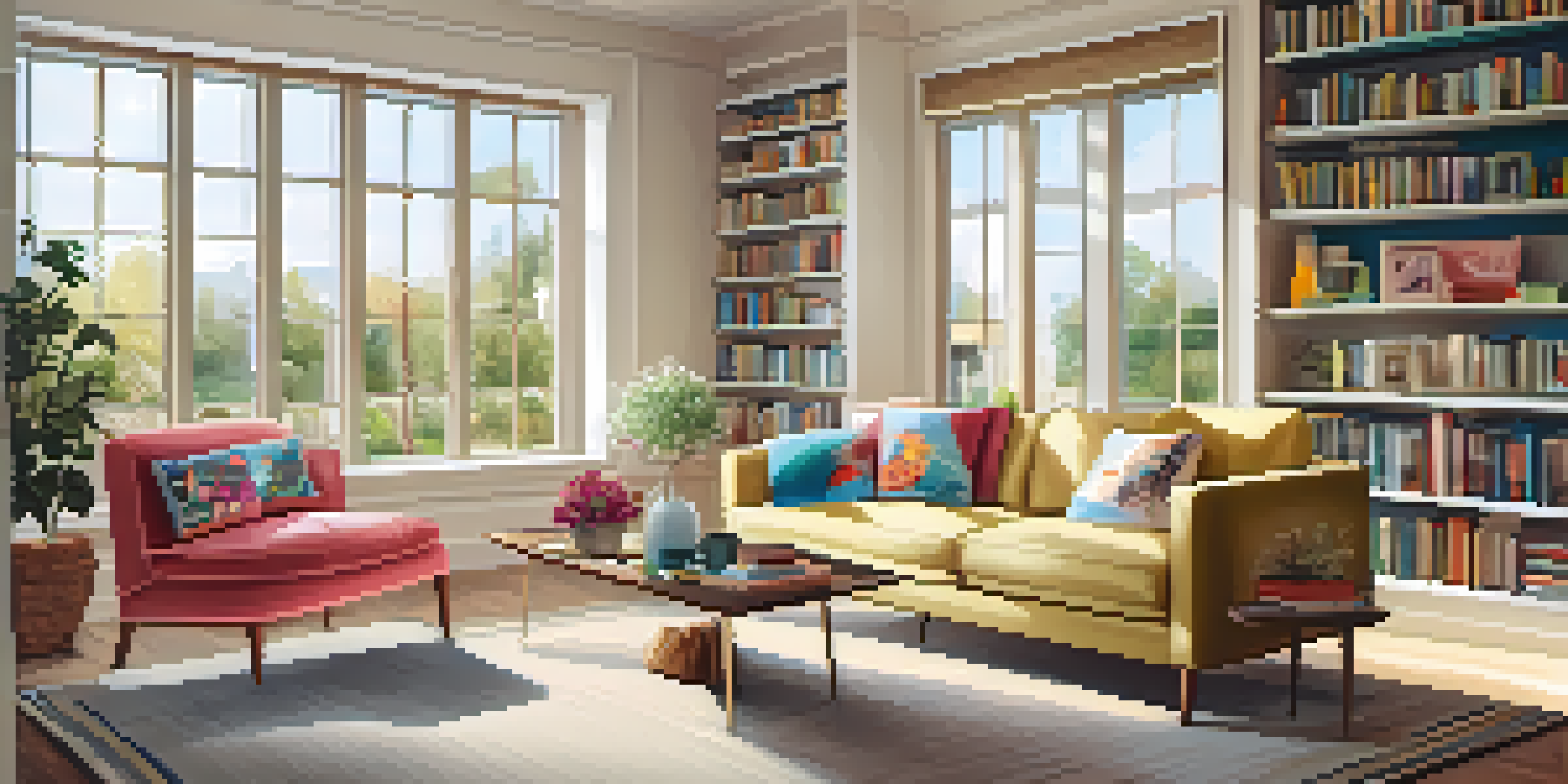 A clean and well-lit living room with a sofa, coffee table, and bookshelves, featuring sunlight filtering through the windows.