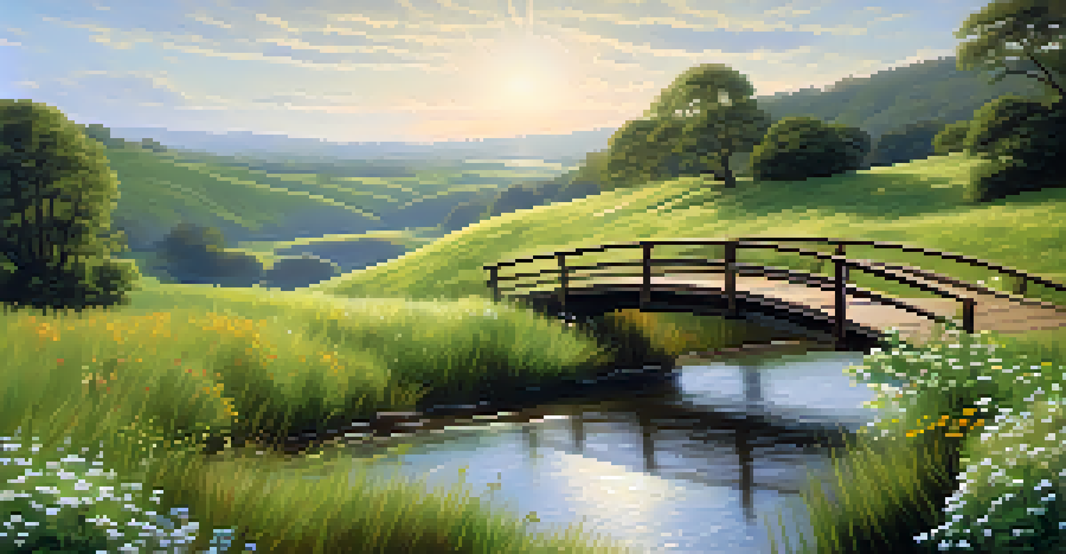 A peaceful landscape of rolling hills with a river and wildflowers, featuring a wooden bridge.