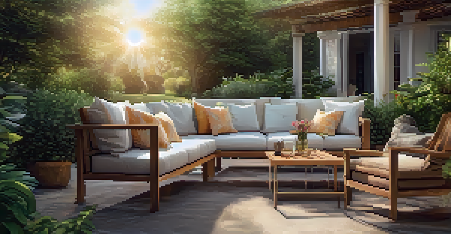 A peaceful outdoor patio with seating and greenery, illuminated by the warm glow of the setting sun.