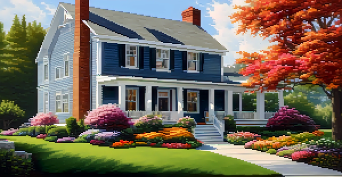 A modern house surrounded by a colorful garden, with large windows reflecting sunlight and a welcoming front porch.