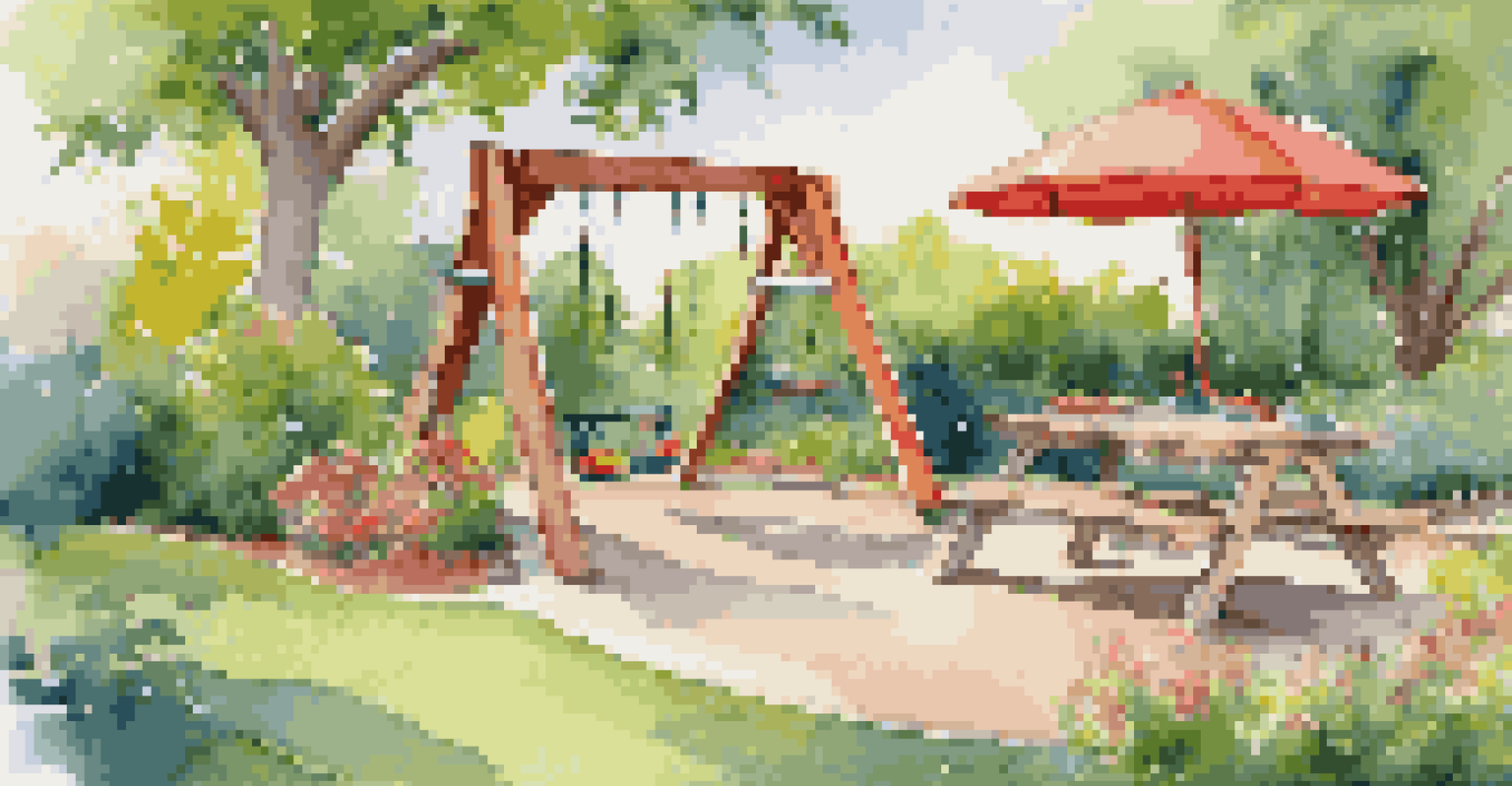 An outdoor play area with a swing set, sandbox, and a picnic table surrounded by greenery, emphasizing a playful and safe environment for children.