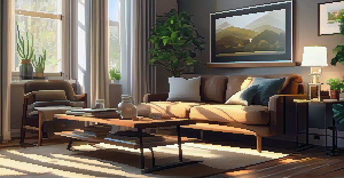 A warm and inviting living room with a comfortable sofa and soft sunlight filtering through curtains.