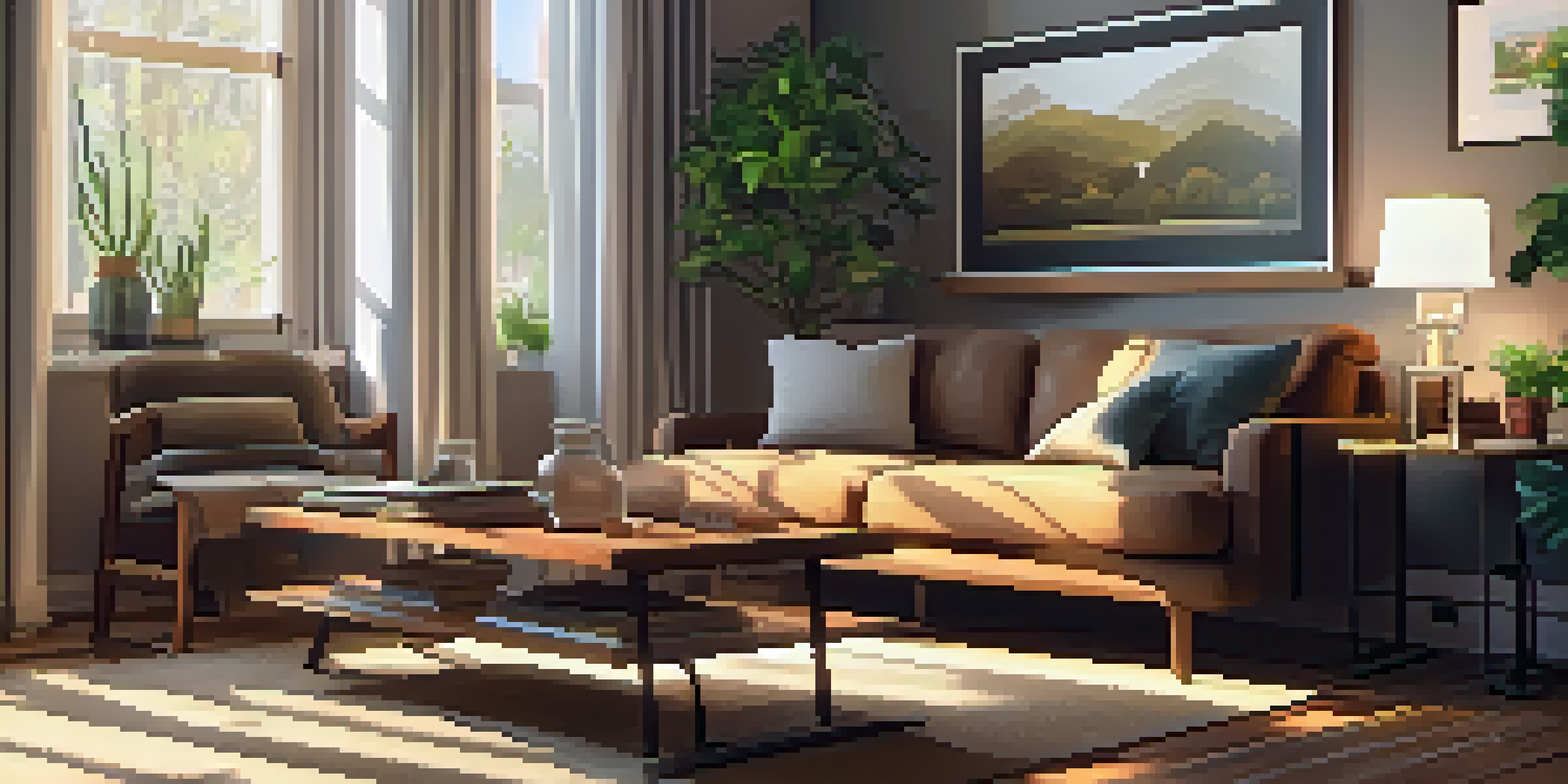 A warm and inviting living room with a comfortable sofa and soft sunlight filtering through curtains.