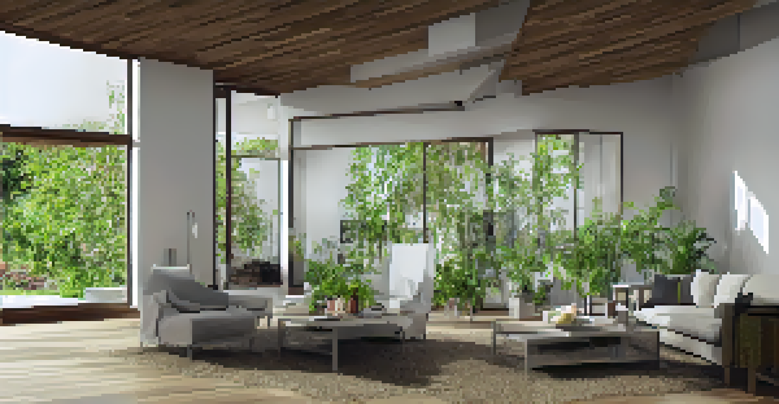 The interior of a sustainable home with bamboo flooring, large windows, and plants, featuring a cozy minimalist design.