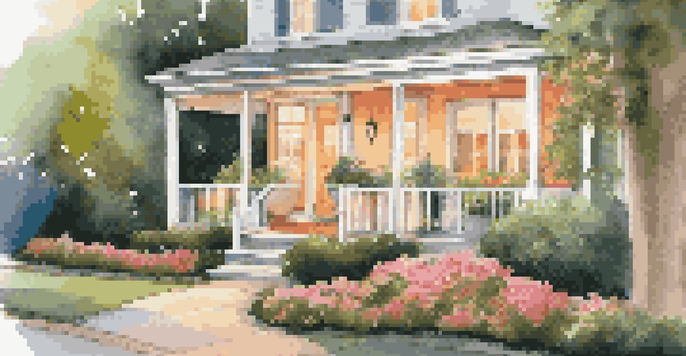 A beautiful rental property with vibrant flowers, clean walkways, and soft lighting, showcasing excellent curb appeal.