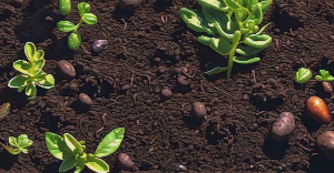 A close-up of healthy garden soil rich in organic matter, with earthworms and small plants, illuminated by sunlight.