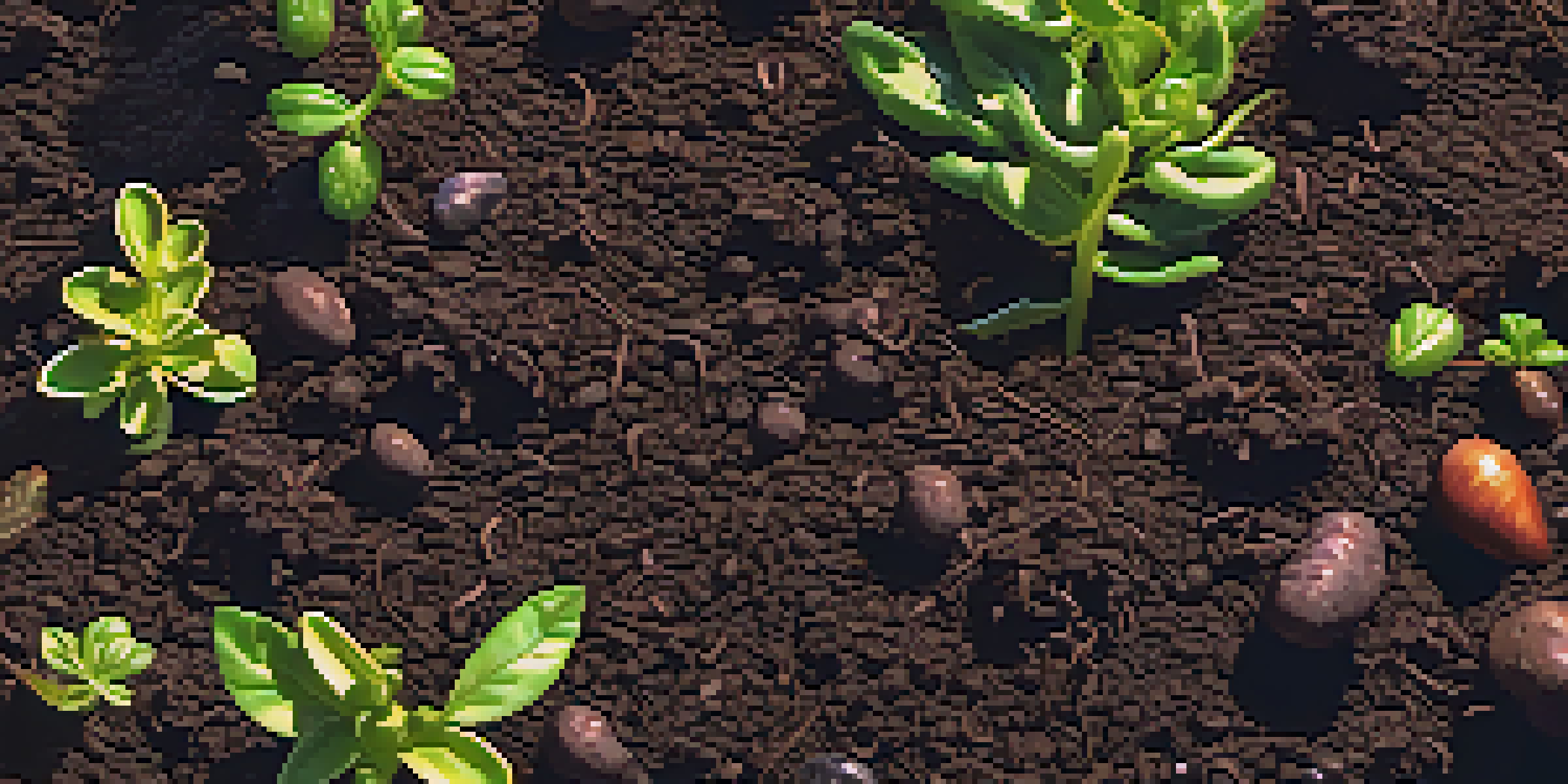 A close-up of healthy garden soil rich in organic matter, with earthworms and small plants, illuminated by sunlight.