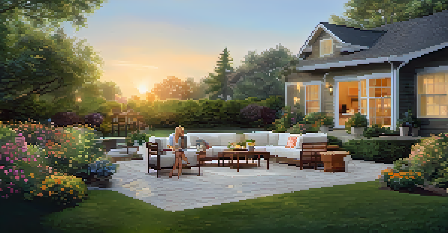 An inviting backyard oasis with a manicured lawn and seating for gatherings, bathed in warm golden hour sunlight.