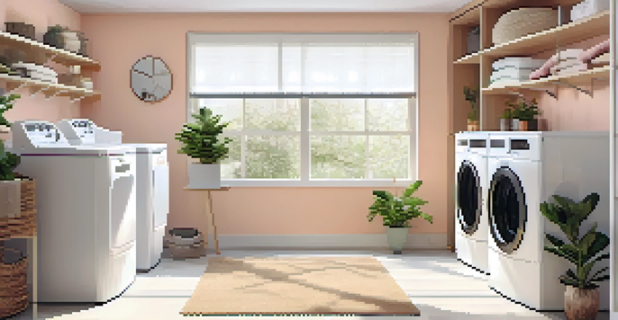 A modern laundry room with a pastel color scheme, featuring a washer and dryer, organized shelves with laundry supplies, natural light from a window, and a folding station with a plant.