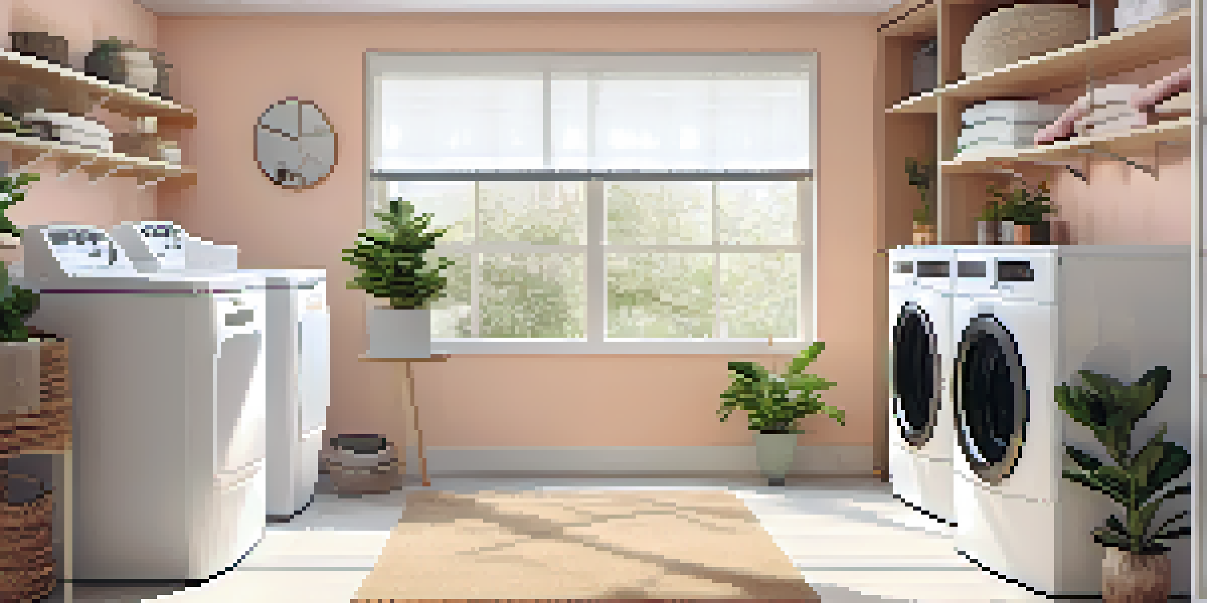 A modern laundry room with a pastel color scheme, featuring a washer and dryer, organized shelves with laundry supplies, natural light from a window, and a folding station with a plant.
