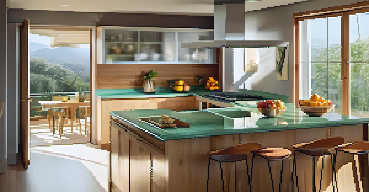 A modern kitchen with recycled glass countertops, bamboo cabinetry, and smart appliances, filled with natural light and vibrant colors.