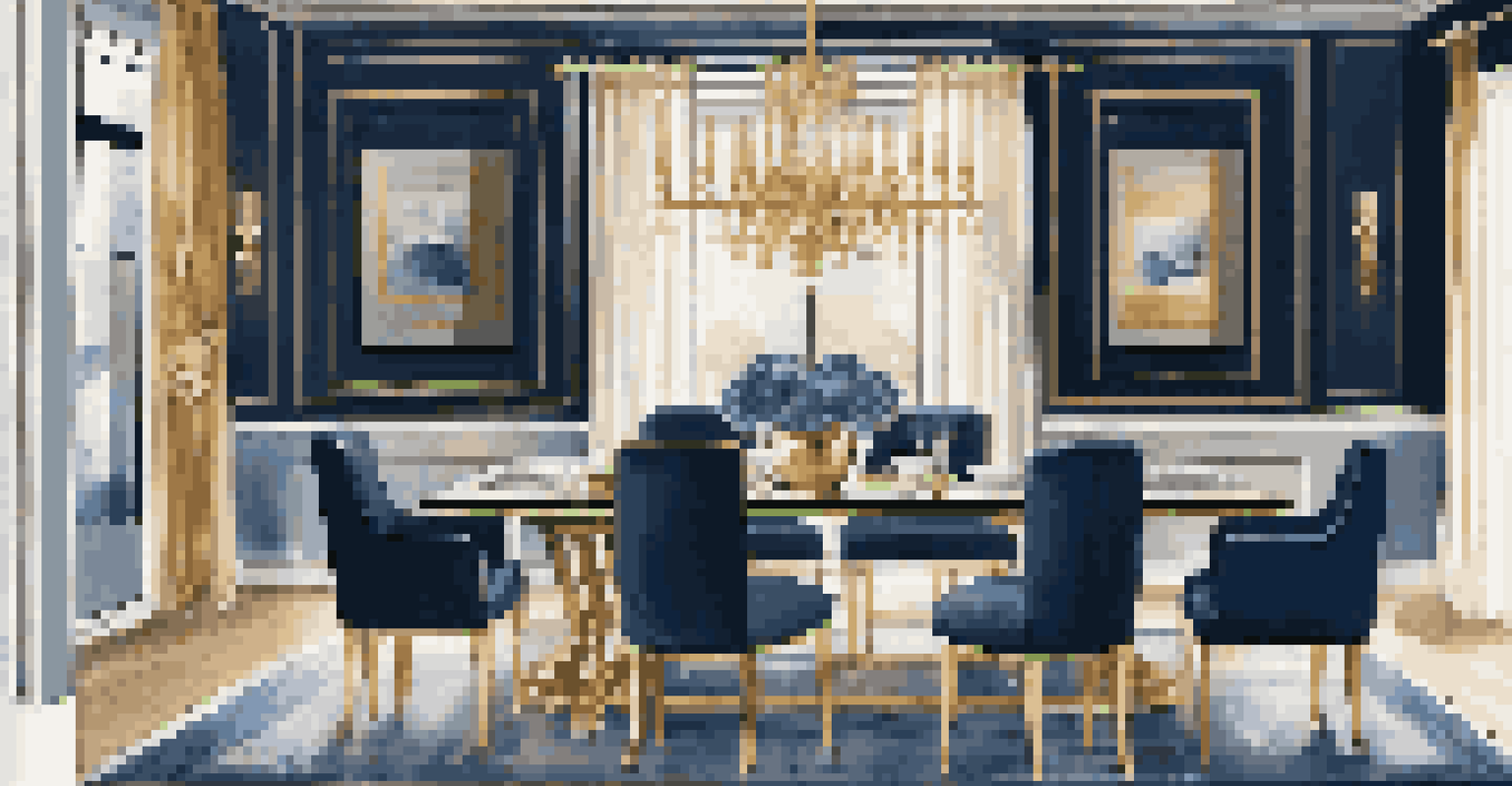 An elegant dining space with an adjustable dining table and stylish chairs, featuring deep blue and gold accents.