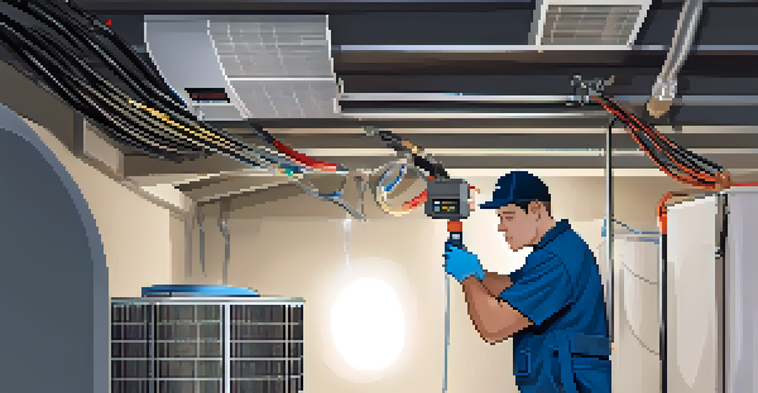 A technician conducting maintenance on an HVAC system in a clean, organized basement.