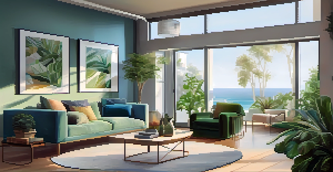 A bright and inviting modern living room filled with natural light, featuring a comfortable sofa, indoor plants, and abstract art.