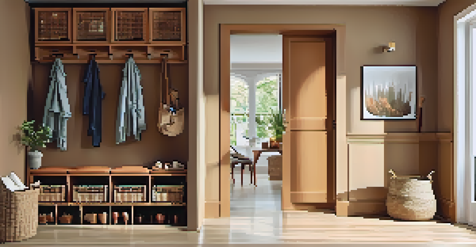 An organized entryway with wall-mounted shelves, hooks, a shoe rack, and natural light from a window.