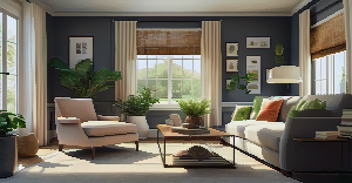 A cozy living room with a comfortable sofa, coffee table, and natural light from a large window.