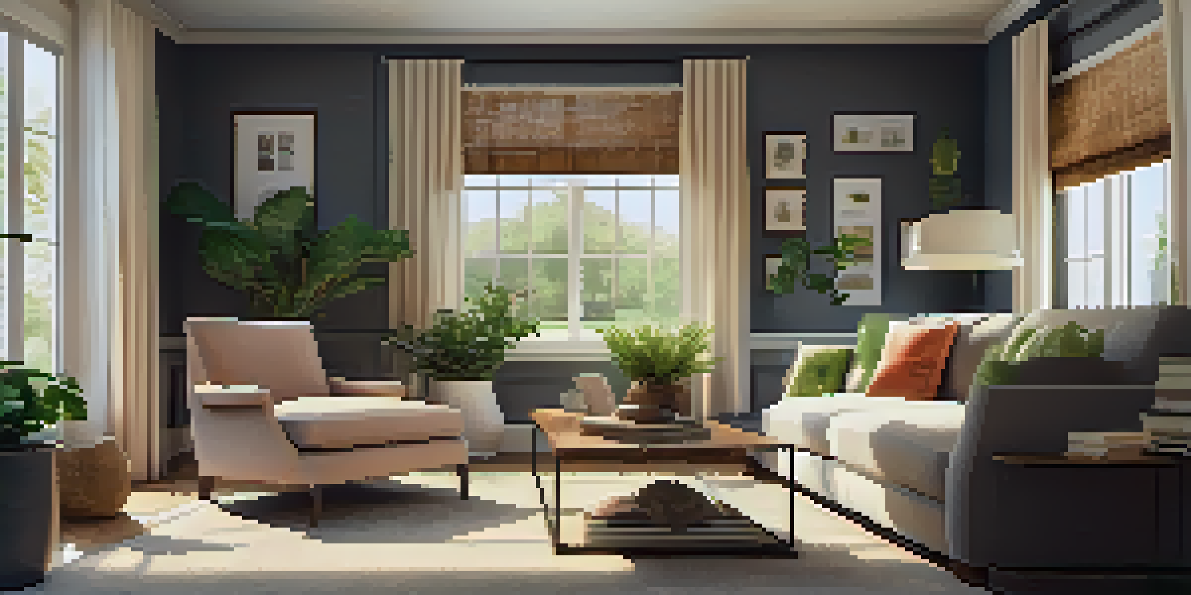 A cozy living room with a comfortable sofa, coffee table, and natural light from a large window.
