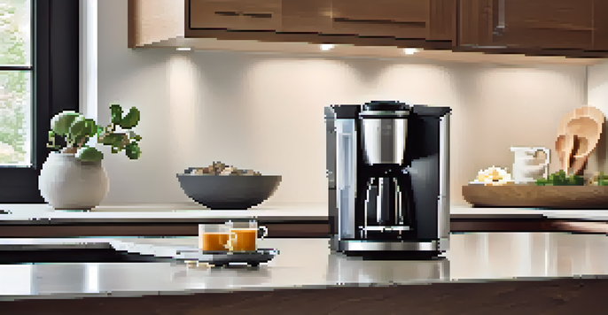 A modern kitchen with a smart outlet, coffee maker, and a smartphone displaying a smart home app.