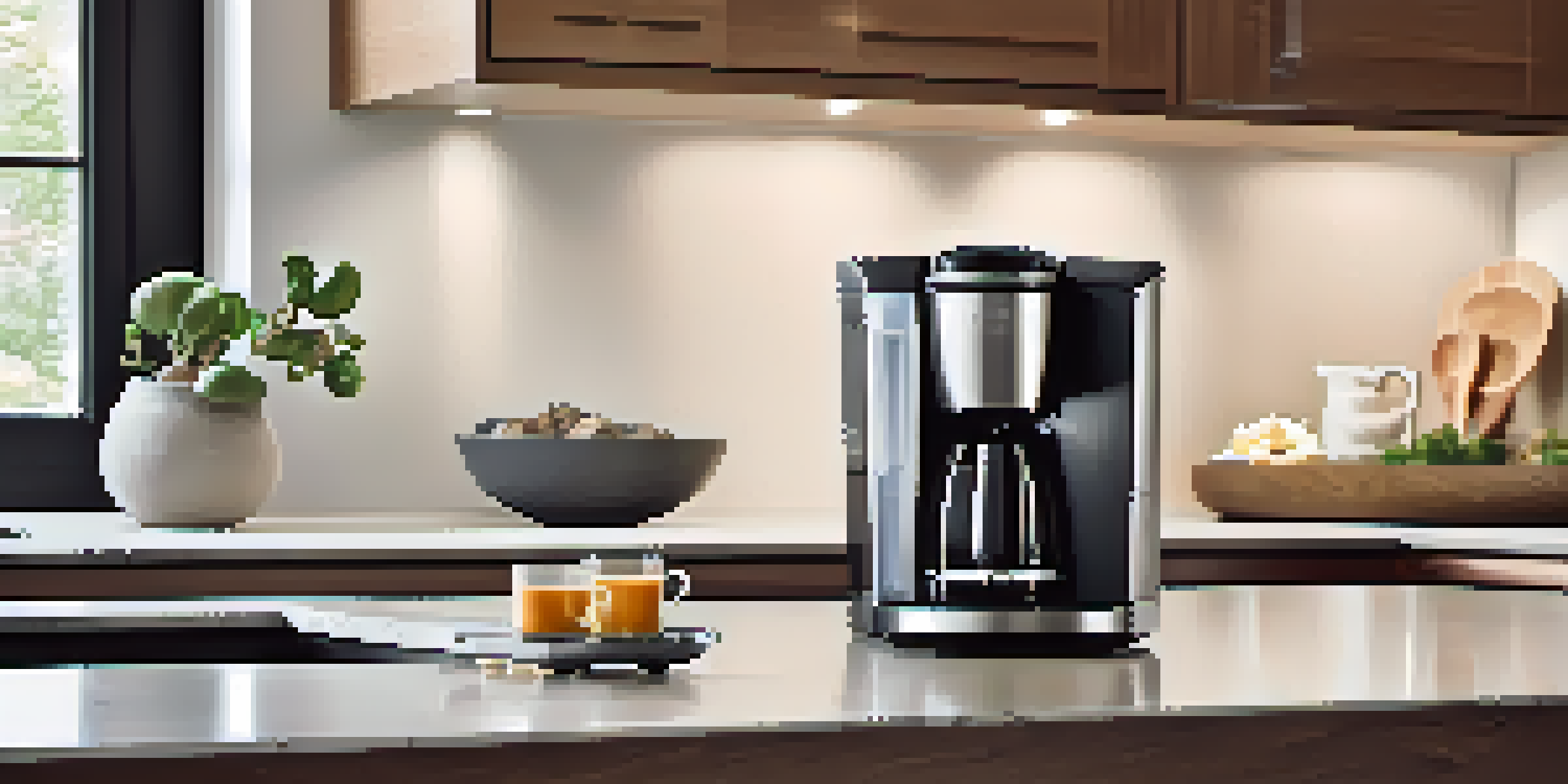 A modern kitchen with a smart outlet, coffee maker, and a smartphone displaying a smart home app.