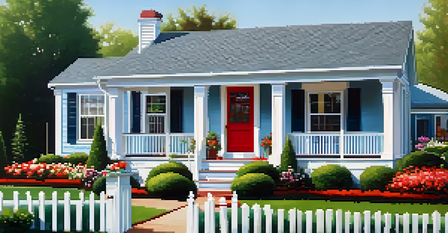 A charming home exterior with light blue siding, a red front door, and a well-maintained lawn with colorful flowers under a bright sunny sky.