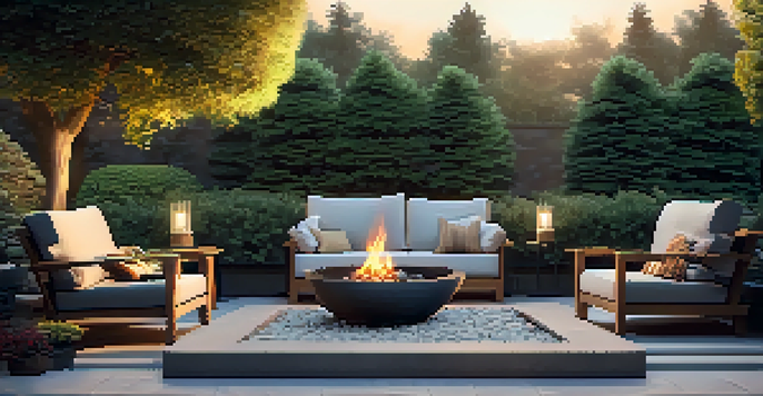An outdoor area with a fire pit and seating, illuminated by sunset light, surrounded by greenery.