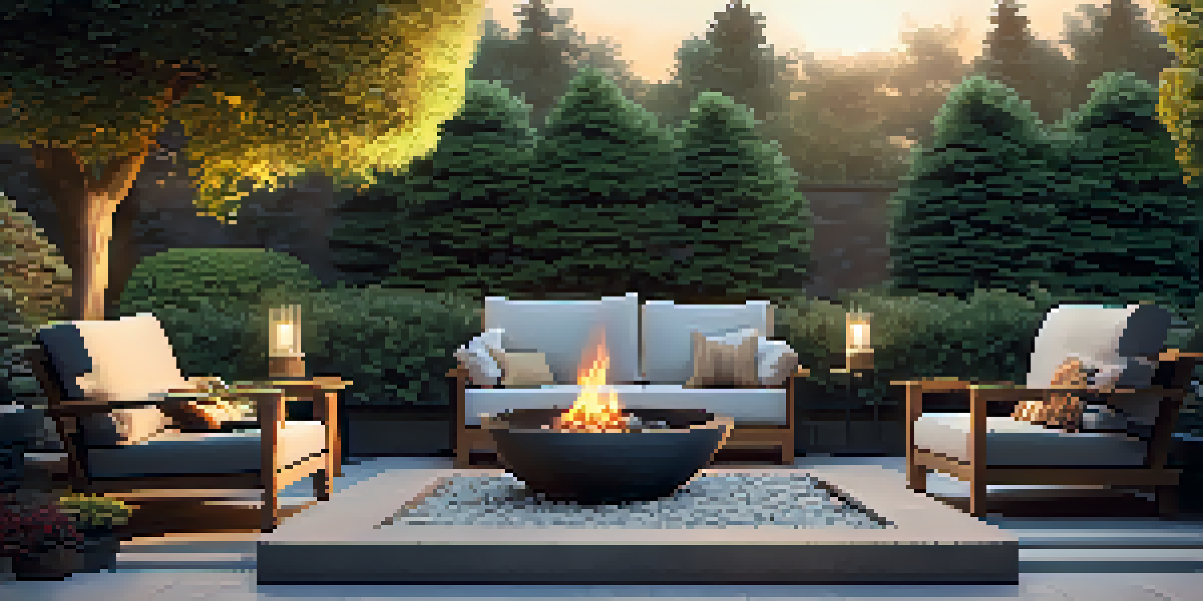 An outdoor area with a fire pit and seating, illuminated by sunset light, surrounded by greenery.