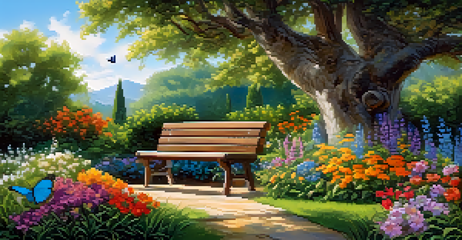 A vibrant garden filled with blooming flowers and a wooden bench under a tree, with butterflies and a clear sky.