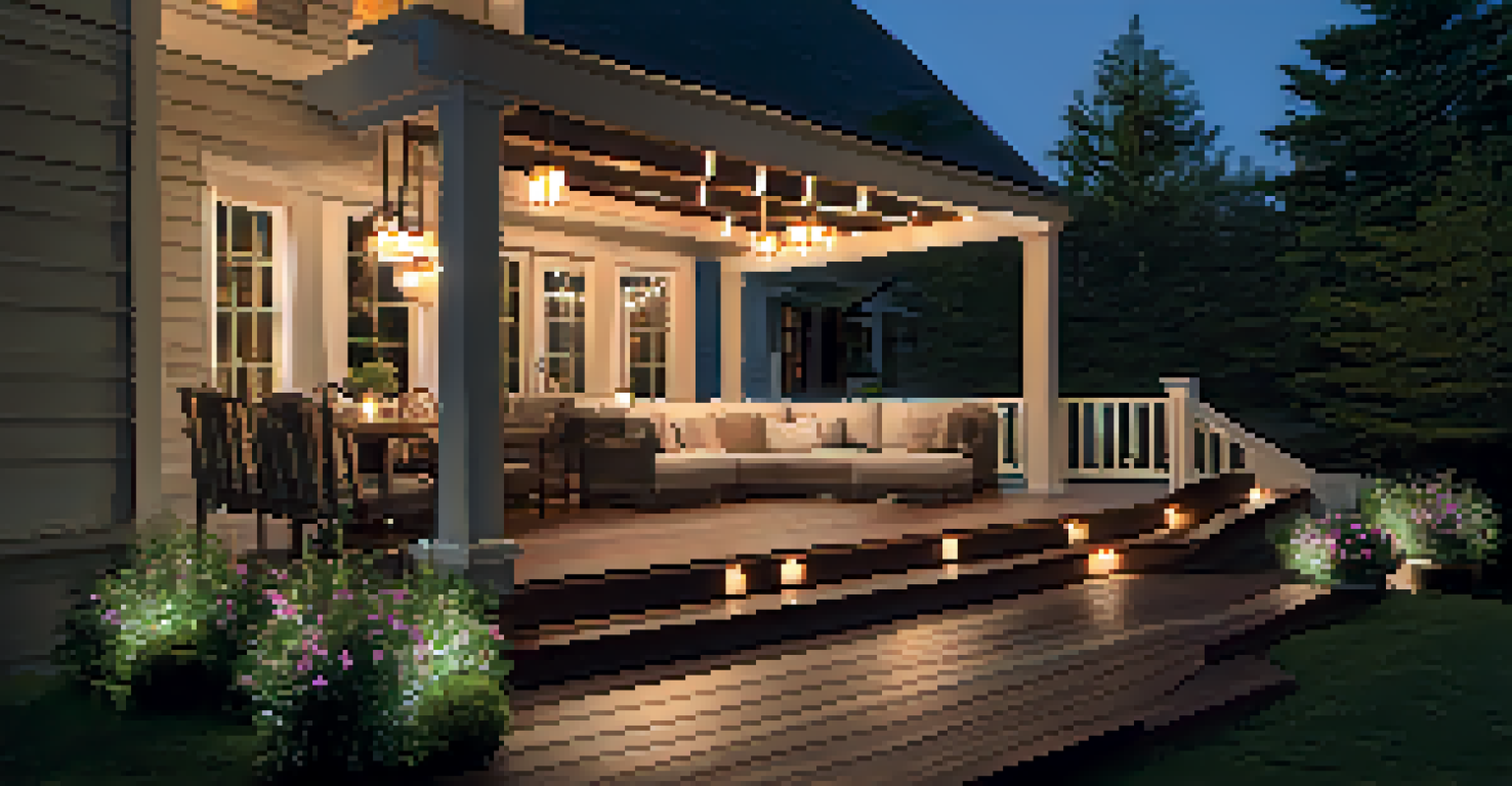 An outdoor deck illuminated with LED lights, featuring cozy seating and decorative lanterns, creating a serene and inviting atmosphere.