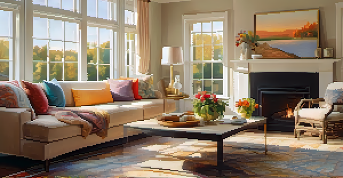 A well-lit and staged living room with a cozy sofa, colorful cushions, and a window showing a garden view.
