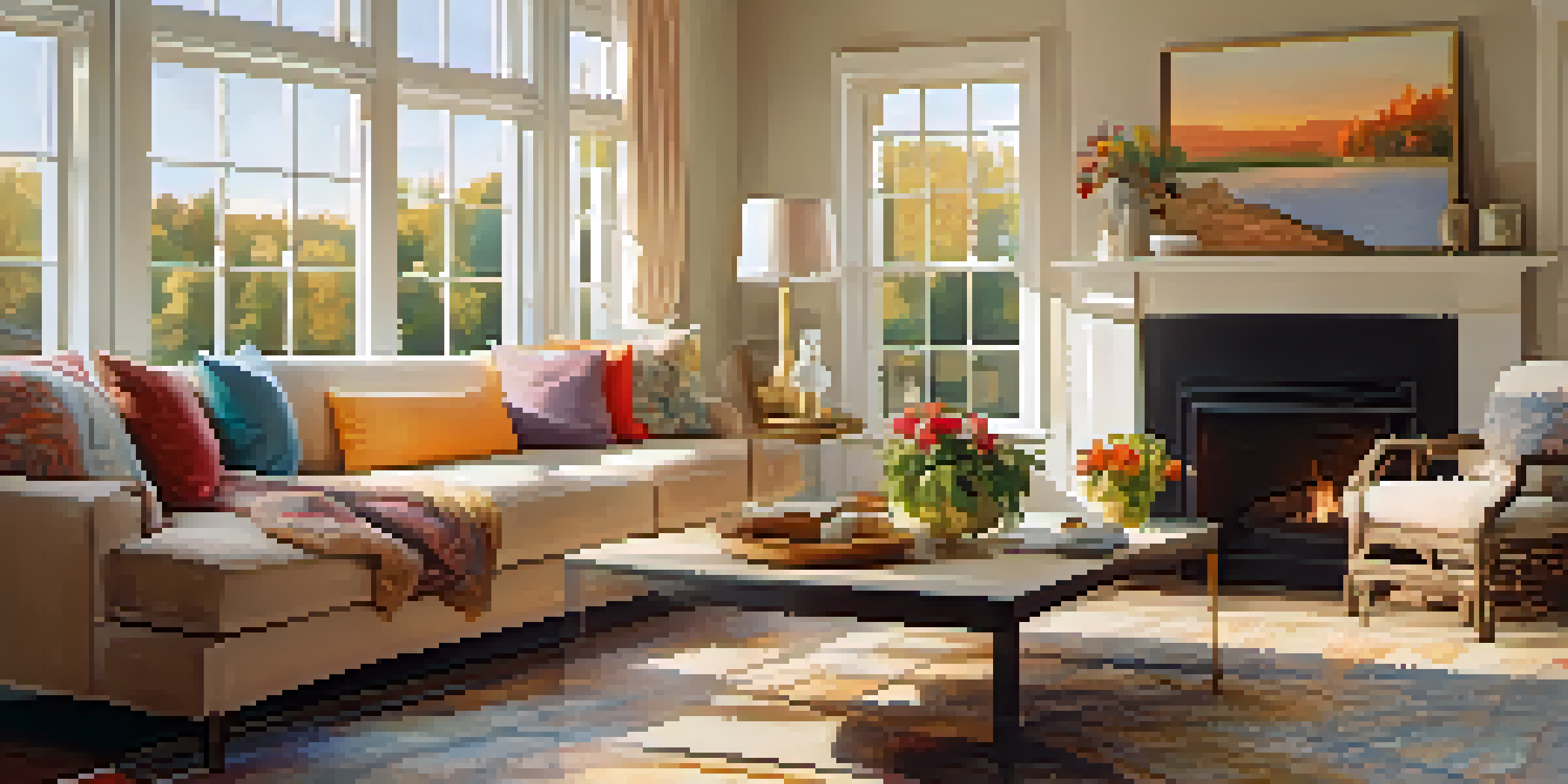 A well-lit and staged living room with a cozy sofa, colorful cushions, and a window showing a garden view.