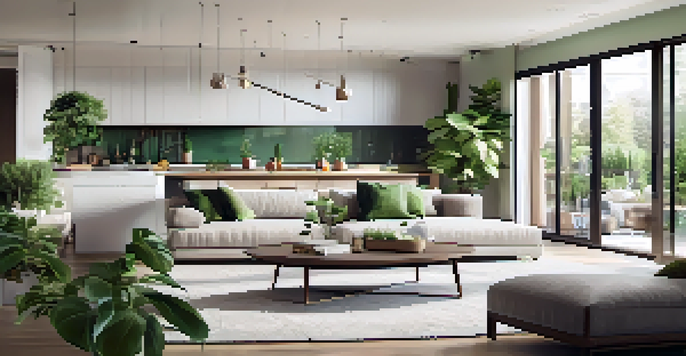 A bright and airy open floor plan living area with a kitchen, dining space, and lounge decorated with plants and elegant lighting.