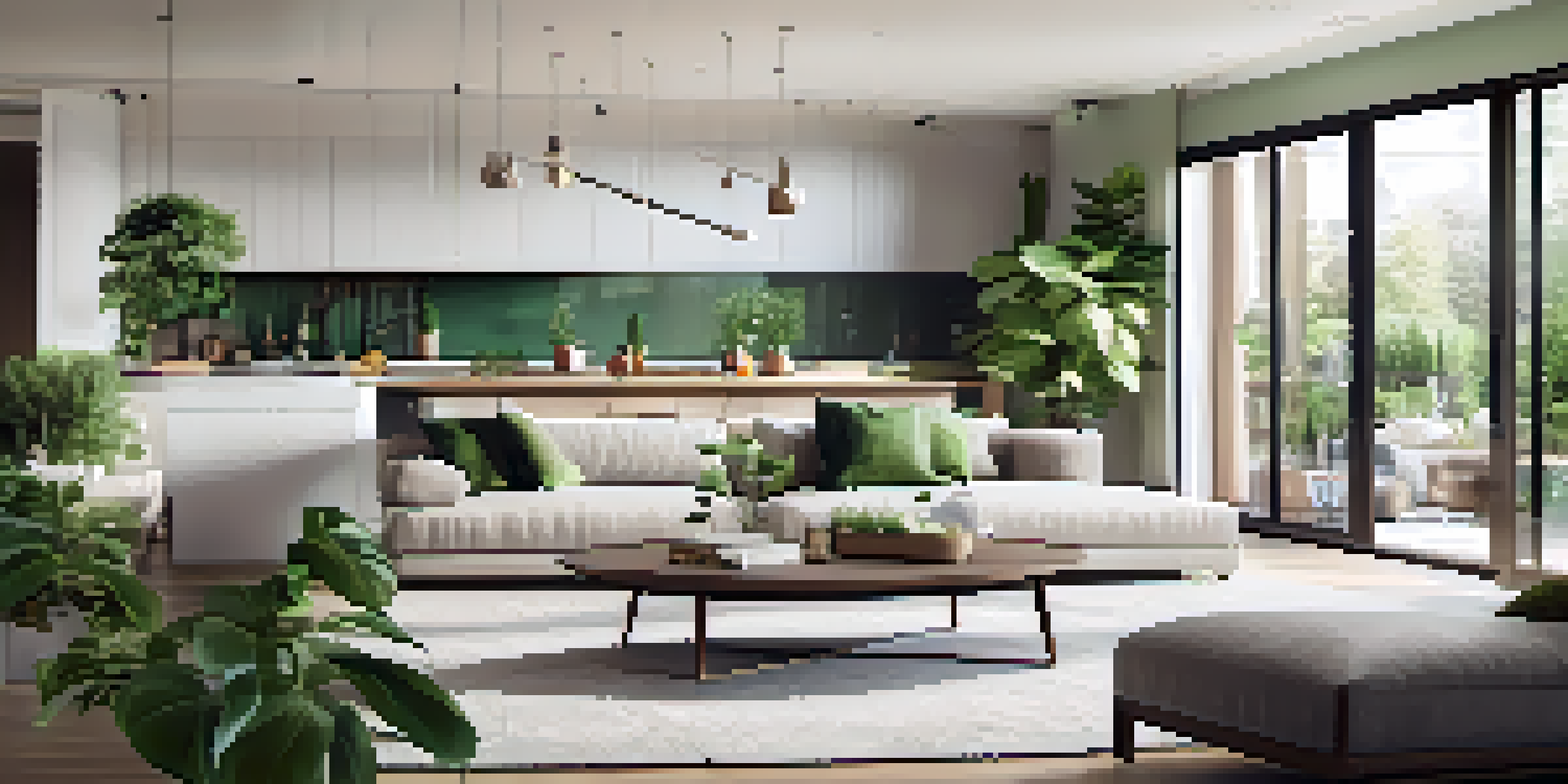 A bright and airy open floor plan living area with a kitchen, dining space, and lounge decorated with plants and elegant lighting.