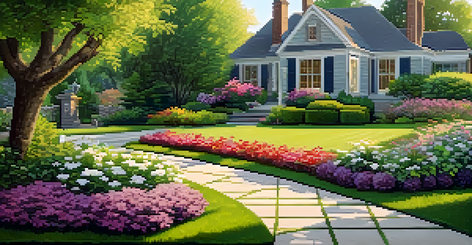 A landscaped front yard with colorful flowers, a herb garden, and a stone pathway leading to the entrance.