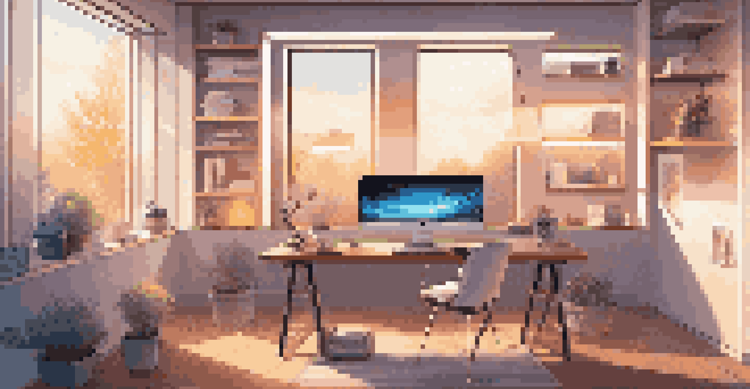 A futuristic home office with smart lighting, a smart speaker, and a laptop, all illuminated by natural sunlight.