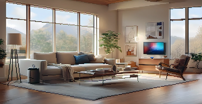 A cozy living room filled with smart home devices such as a thermostat and speaker, well-lit with natural light, showcasing a modern design.