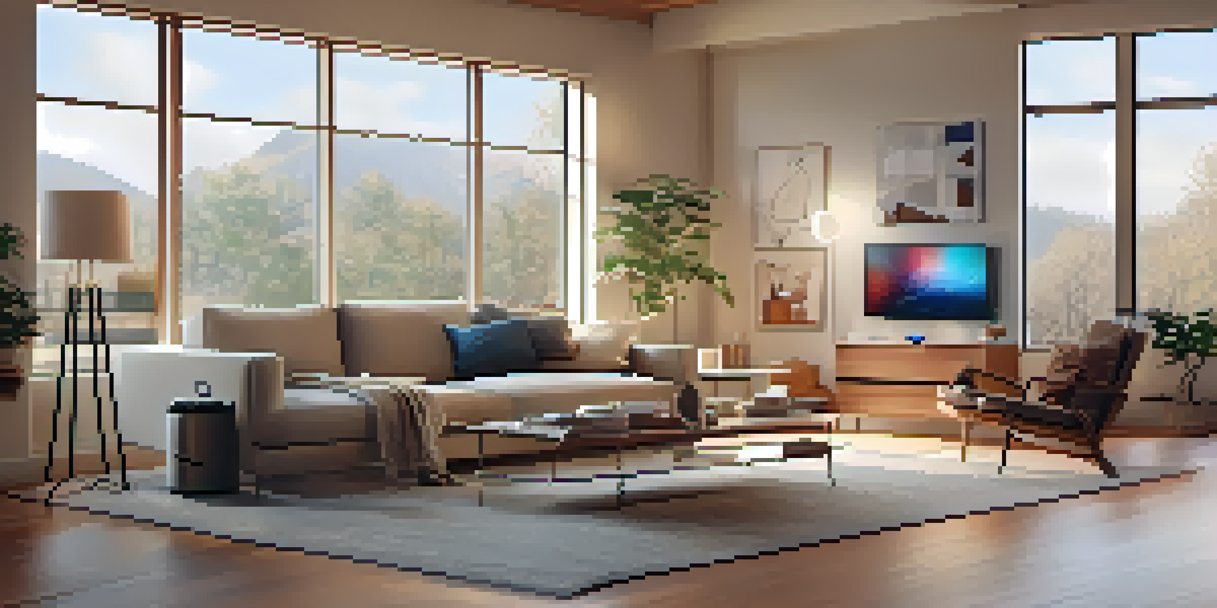 A cozy living room filled with smart home devices such as a thermostat and speaker, well-lit with natural light, showcasing a modern design.
