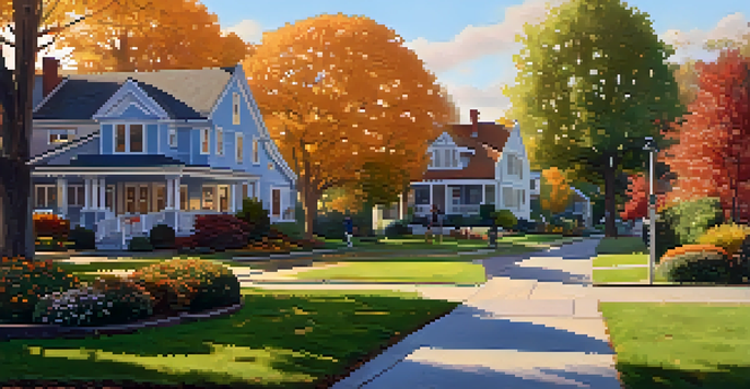 A picturesque suburban neighborhood at sunset with diverse houses, colorful trees, and children playing outside.