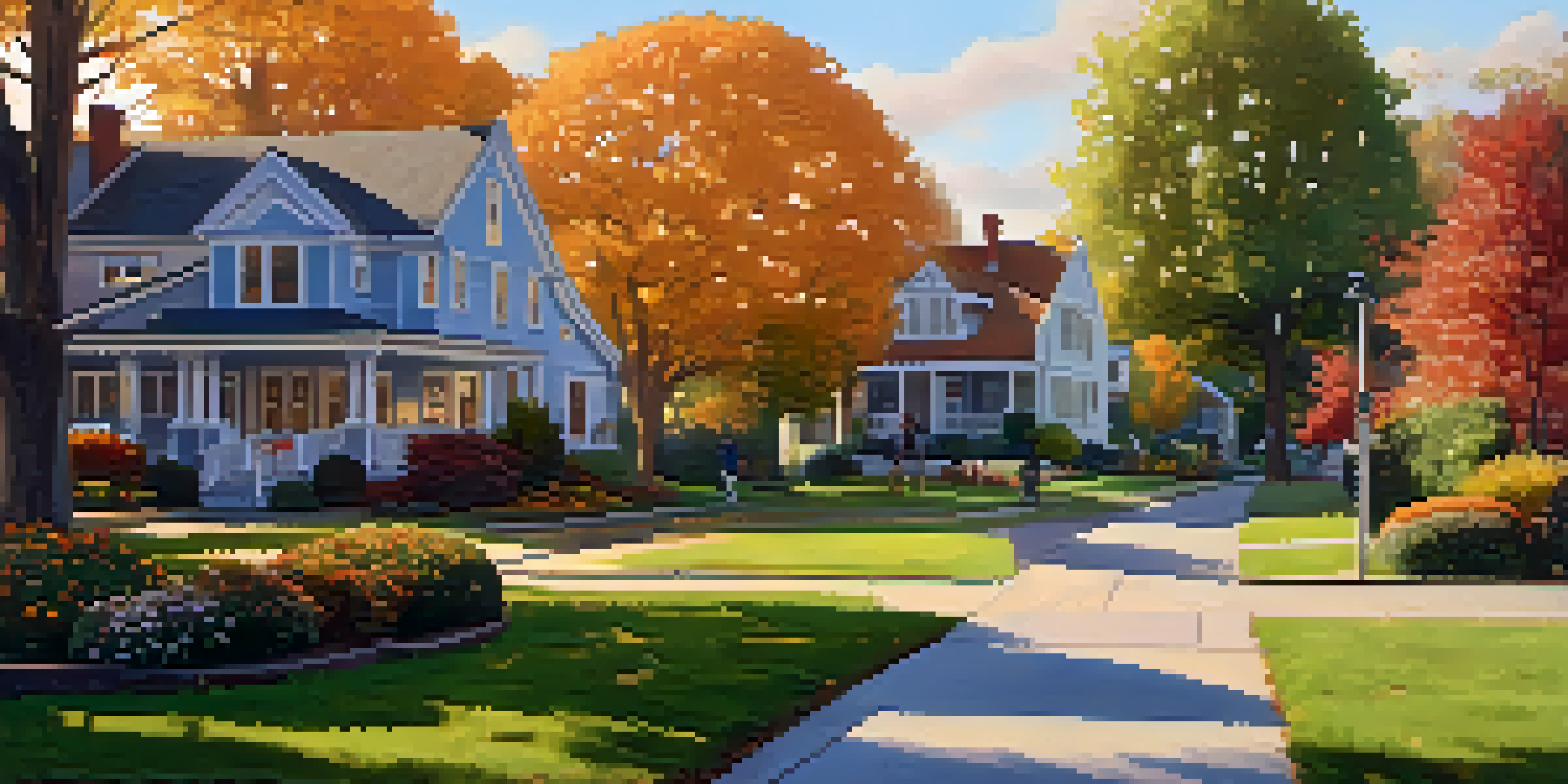 A picturesque suburban neighborhood at sunset with diverse houses, colorful trees, and children playing outside.