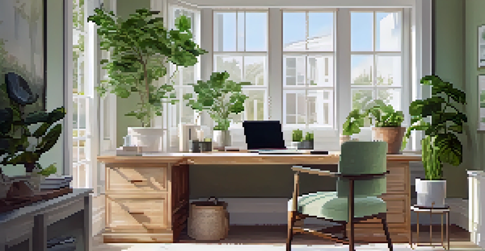 A spacious home office filled with natural light, featuring a reclaimed wood desk, plants, and a laptop on the desk.