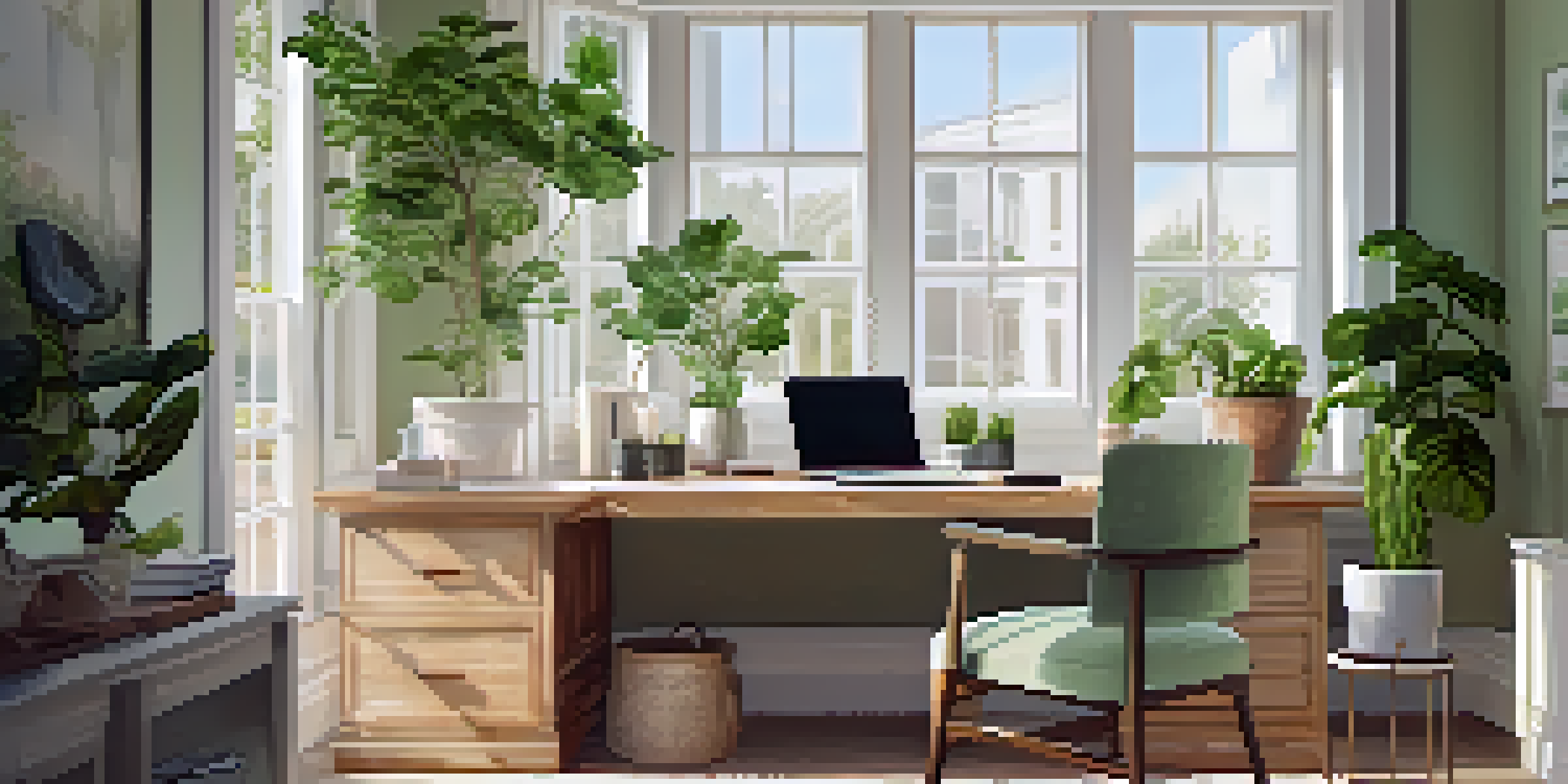 A spacious home office filled with natural light, featuring a reclaimed wood desk, plants, and a laptop on the desk.